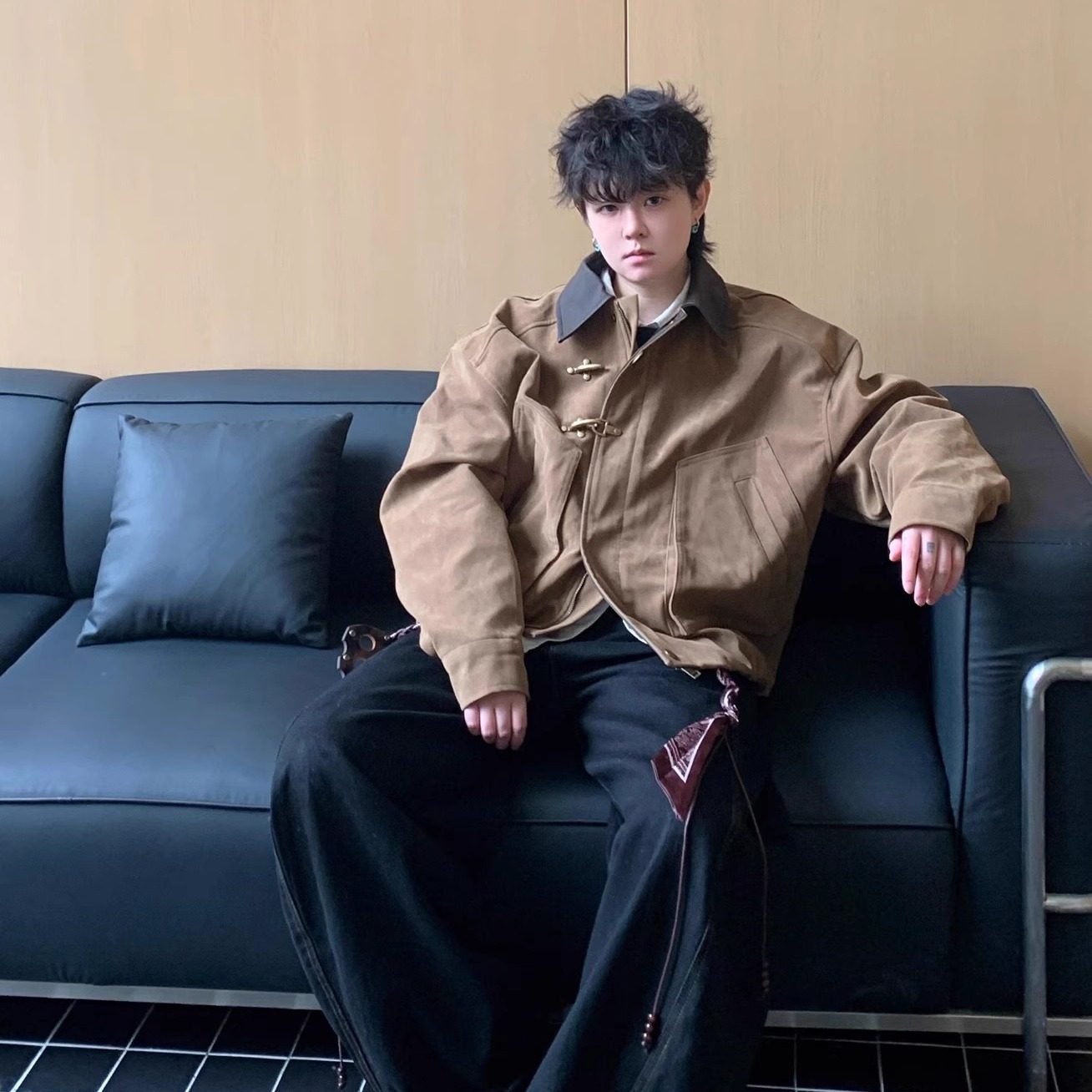 老鼻噶美式复古翻领飞机扣麂皮绒夹克男短款宽松工装外套高级感,淘宝优惠券,粉丝福利购,淘宝优惠卷