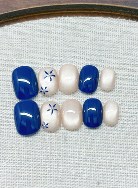 【冰银蓝茉】蓝白撞色精致小花猫眼纯手工穿戴甲轻奢小众显白美甲