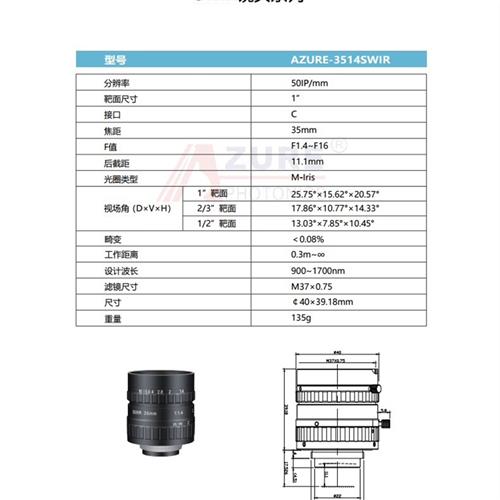 【议价下单】AZURE-3514SWIR35mm1:1.4工业短波-图2