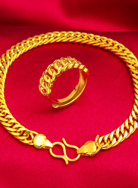 礼物礼品首饰网红福扣老板扁链戒指手链套装 越南饰品 镀金马鞭链