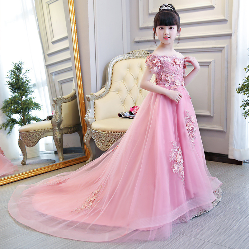 儿童主持人礼服女童婚纱公主裙模特走秀拖地长裙粉钢琴比赛演出服
