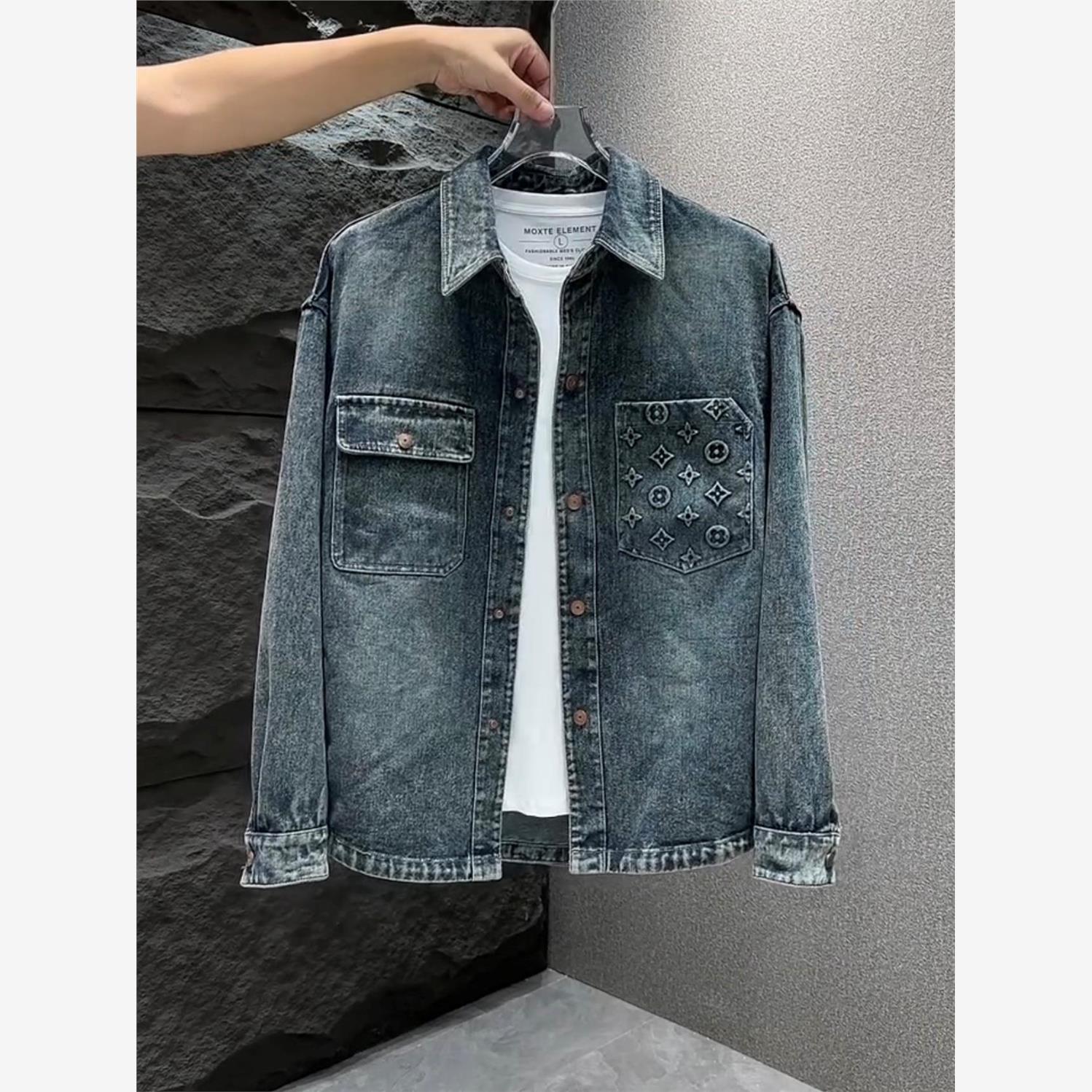 男装2025新款翻领夹克男潮流水洗渐层色牛仔衬衫外套宽松春秋上衣 - 图1