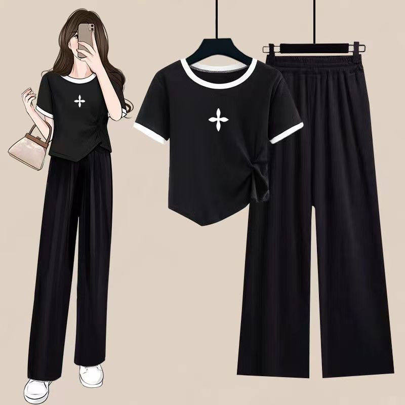 套装女夏款2025年新款不规则短袖夏季宽松九分阔腿裤休闲两件套潮,淘宝优惠券,粉丝福利购,淘宝优惠卷