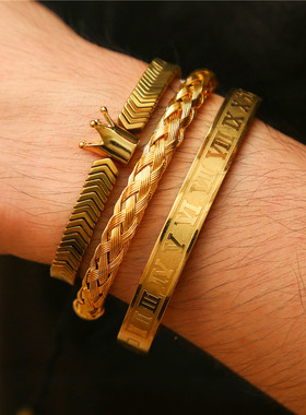 罗马字母黑铁石皇冠钛钢手链男女