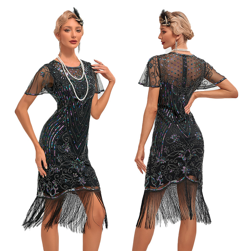 Women's 1920s Gatsby Sequin Beads Long Fringe Flapper Dress-图0