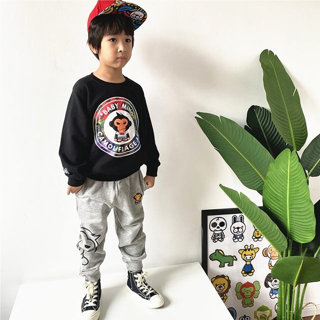 Boys and girls trendy brand monkey pure cotton sweatshirt and sweatpants suit spring and autumn sports round neck top and trousers