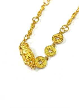 安伯曼18K金乾道嘉三帝铜钱貔貅金元宝手链3-4g