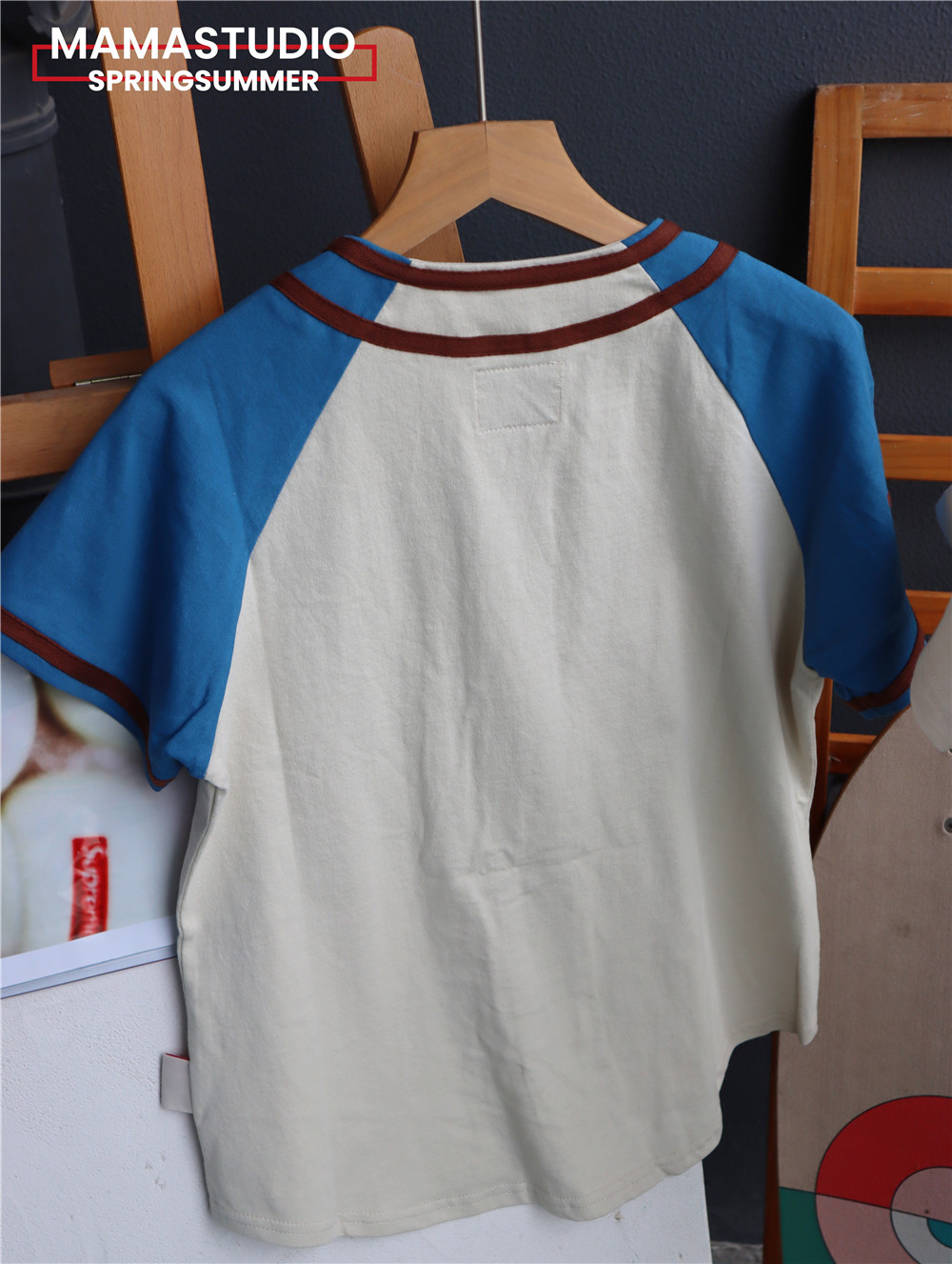 mama studio 儿童日系拼色休闲短袖复古配色棒球服开衫叠穿也很赞 - 图2