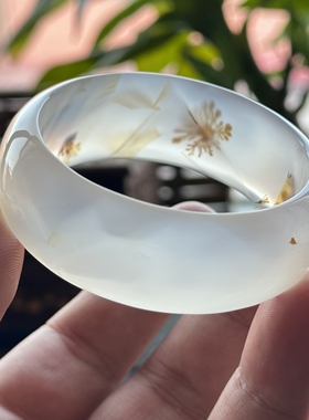 云臻阁天然海洋玉髓草花马料冰透飘花意境玛瑙手镯大花镯53口径