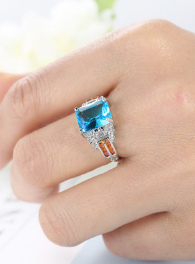 欧美热销设计感海蓝宝饰品水蓝锆石女戒指简约百搭时尚铜版戒指