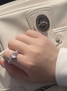 S925银粉色爱心荆棘戒指女食指开口戒指环设计感温柔绳结尾戒