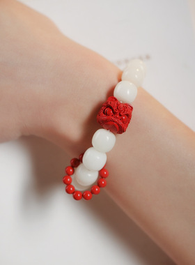 天然白玉菩提手串老型珠手串女醒狮手持文玩手饰品绕指柔跑环佛珠