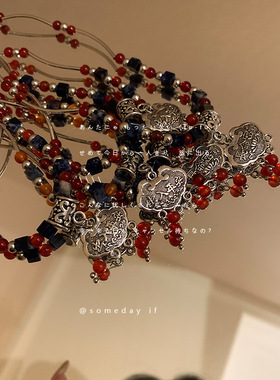 手作款 新中式彩色串珠项链女设计感小众平安锁锁骨链颈链潮