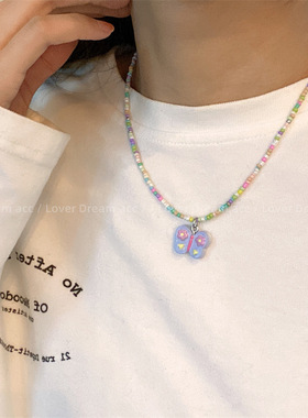 韩版粉蓝紫色蝴蝶彩色串珠项链 甜美可爱少女颈链锁骨链时尚项饰
