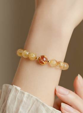 一夜暴富黄水晶天然金发晶手串转运珠手链女S925纯银镀金手饰