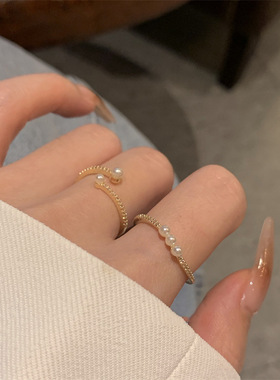 珍珠戒指女时尚个性ins小众设计轻奢简约精致两件套指环开口气质