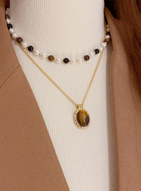 新中式复古气质ins双层叠戴仿珍珠虎眼石项链 小众设计时尚毛衣链