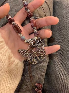 复古风波西米亚项链港味陶瓷蝴蝶吊坠项链女新款民族风项链长款