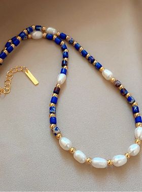 米粒淡水珍珠青金石项链女时尚气质网红天然石设计感小众锁骨链女