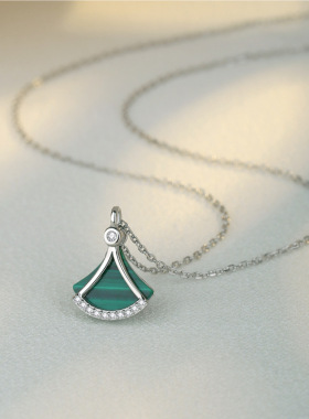 优雅小裙子项链女S925纯银孔雀石镶钻扇形吊坠颈链小众高级感饰品
