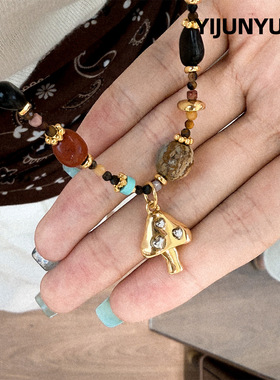 复古日出蘑菇天然石吊坠串珠长款项链轻奢小众高级感叠戴长项链女