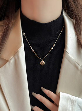新款美拉德微镶星星圆盘珍珠项链复古轻奢高级感毛衣链气质项饰品