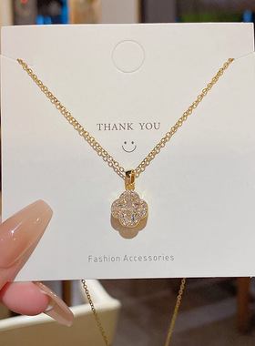 新款时尚四叶锆石项链轻奢百搭精致吊坠高级感锁骨链韩系配饰