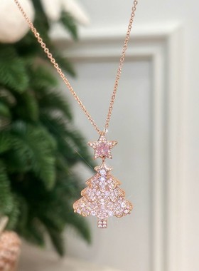 甜美粉色锆石圣诞树项链女气质精致圣诞节锆石五角星毛衣链锁骨链