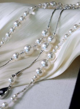 破碎感层次珍珠毛衣链三层不对称项链女法式多层珍珠项链