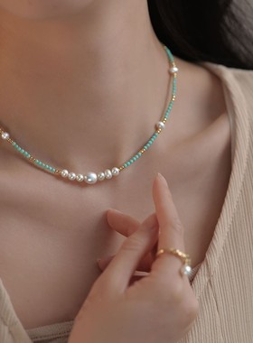 天然巴洛克淡水珍珠绿松石项链女夏百搭不掉色高级感小众锁骨颈链