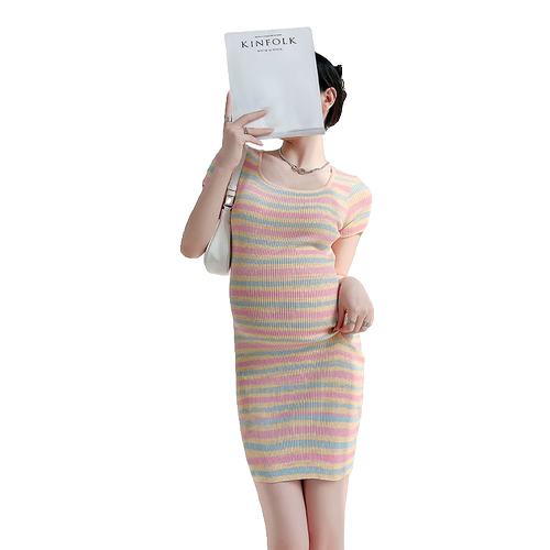 孕妇装夏季彩虹条纹针织连衣裙小个子修身显瘦包臀打底内搭裙子夏 - 图3