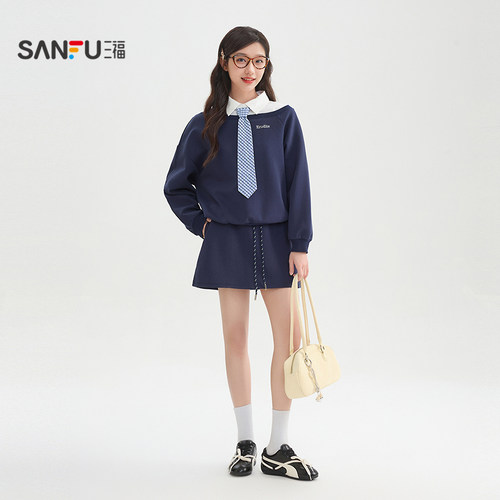 三福短裙2026春季撞色拼接松紧抽绳腰头A字裙子女装516814 - 图3