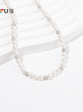 三福都市珠珠白短项链单条 优雅时尚气质首饰配饰链条850391
