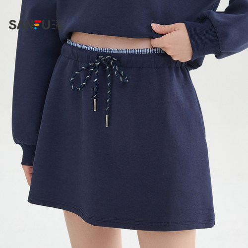 三福短裙2026春季撞色拼接松紧抽绳腰头A字裙子女装516814 - 图1