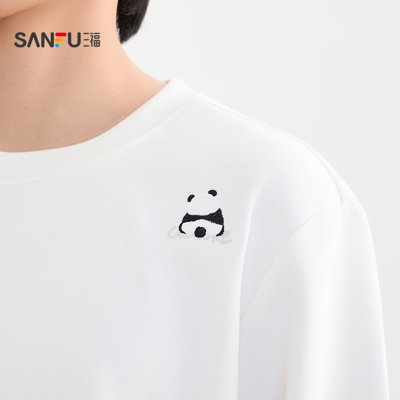 三福2025冬季男士异位熊猫刺绣卫衣 简约圆领上衣510002 - 图1