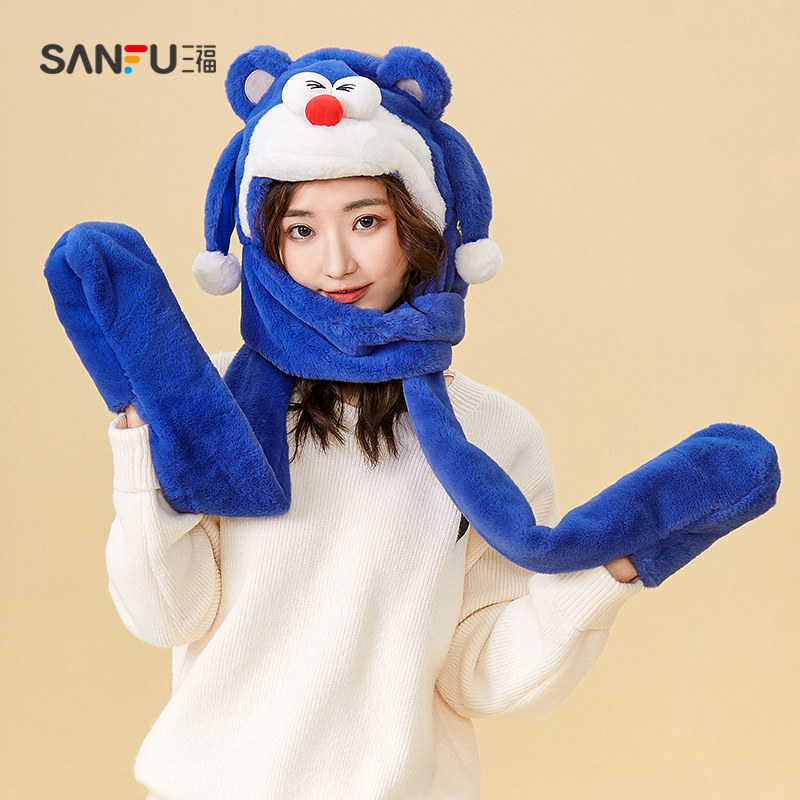 三福毛绒三件可爱卡通西瓜帽保暖帽子耳罩围巾手套