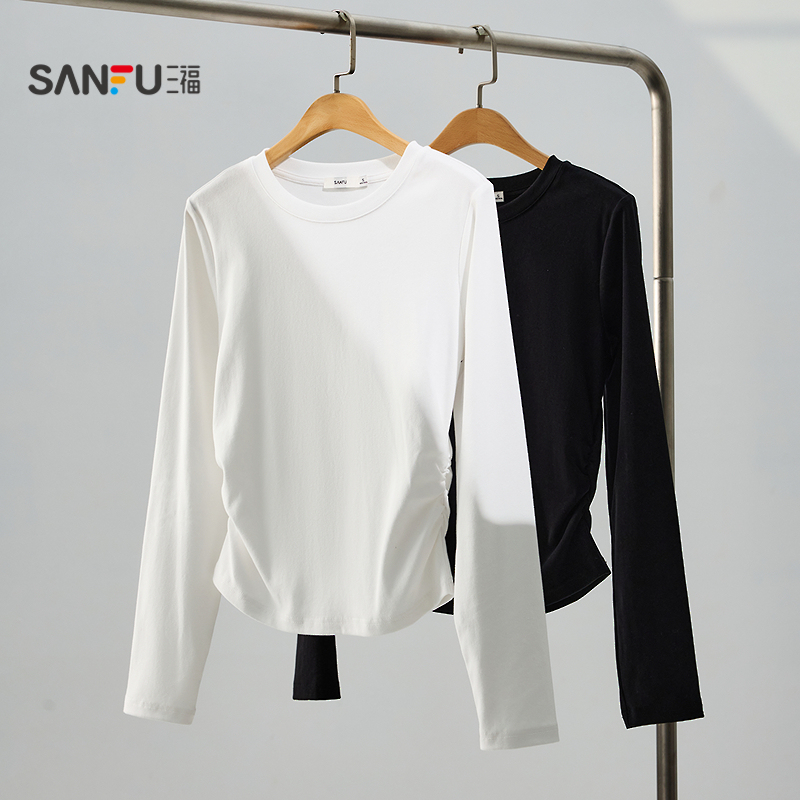 三福长袖T恤2025秋季褶皱弧形下摆圆领休闲上衣女装504216 - 图3