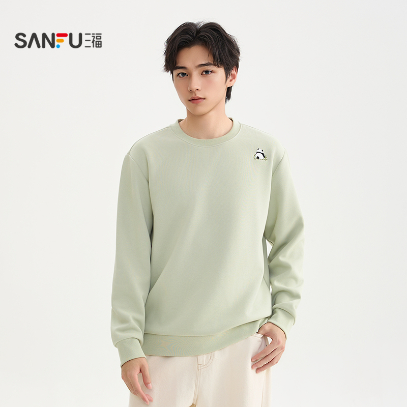 三福2025冬季男士异位熊猫刺绣卫衣 简约圆领上衣510002 - 图0