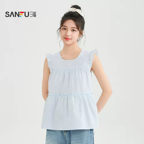 三福短衬衫2026夏季小飞袖圆领短款宽松休闲上衣女装523520523520 图片 4