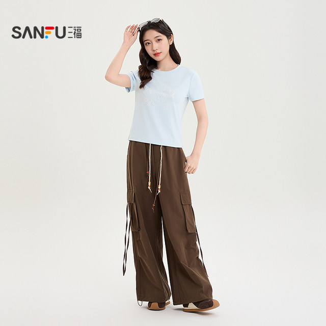 ເສື້ອຍືດສັ້ນ Sanfu 2026 Summer Marine Pattern Beaded Round Neck Fashion Short Top Women 520095