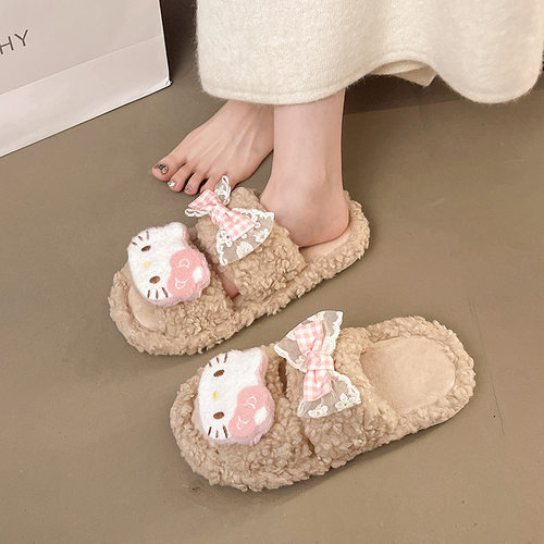 可爱卡通毛绒保暖居家蝴蝶结防滑毛绒居家女冬天秋kt室内棉拖鞋女 - 图0