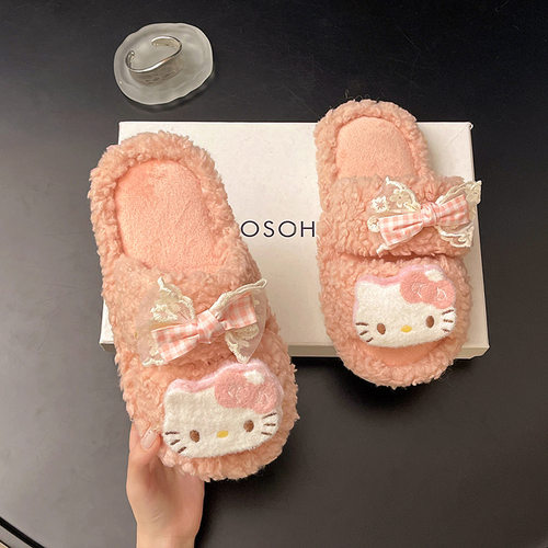 可爱卡通毛绒保暖居家蝴蝶结防滑毛绒居家女冬天秋kt室内棉拖鞋女 - 图1