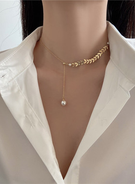 2021新款金色麦穗新潮珍珠锁骨链