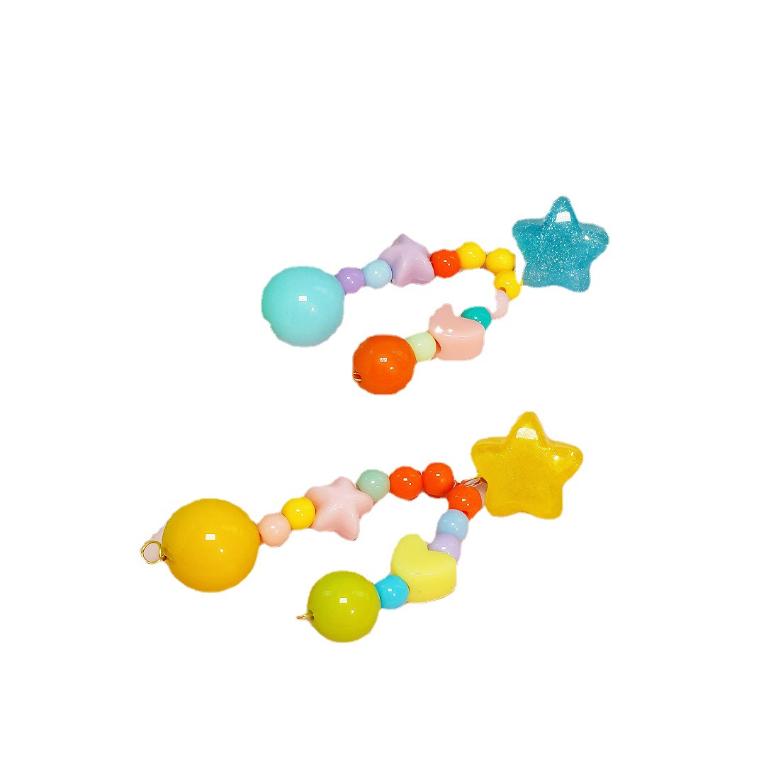 俏皮可爱不对称糖果彩色串珠五角星耳饰925银针夏日元气耳环耳夹 - 图3