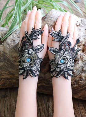 手套民族风护腕女刺绣漏指绣花手套四季饰品半指手链