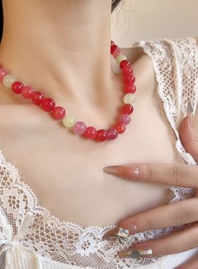 甜美超仙绯红水晶琉璃串珠项链女
