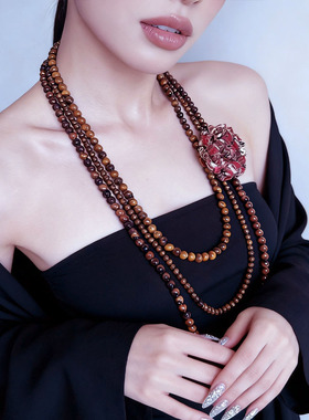 虎眼石串珠红色花朵吊坠项链女款