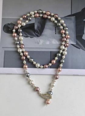 镶钻树叶卡扣多彩珍珠项链颈链女