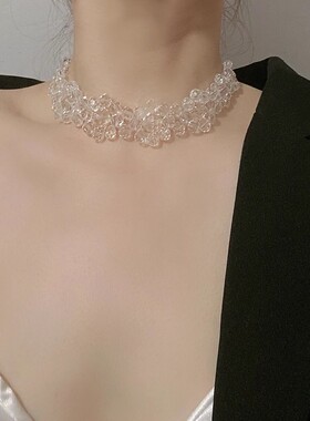 透明水晶串珠花朵项链女气质短款