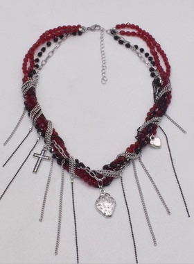 多层缠绕水晶串珠流苏爱心项链女